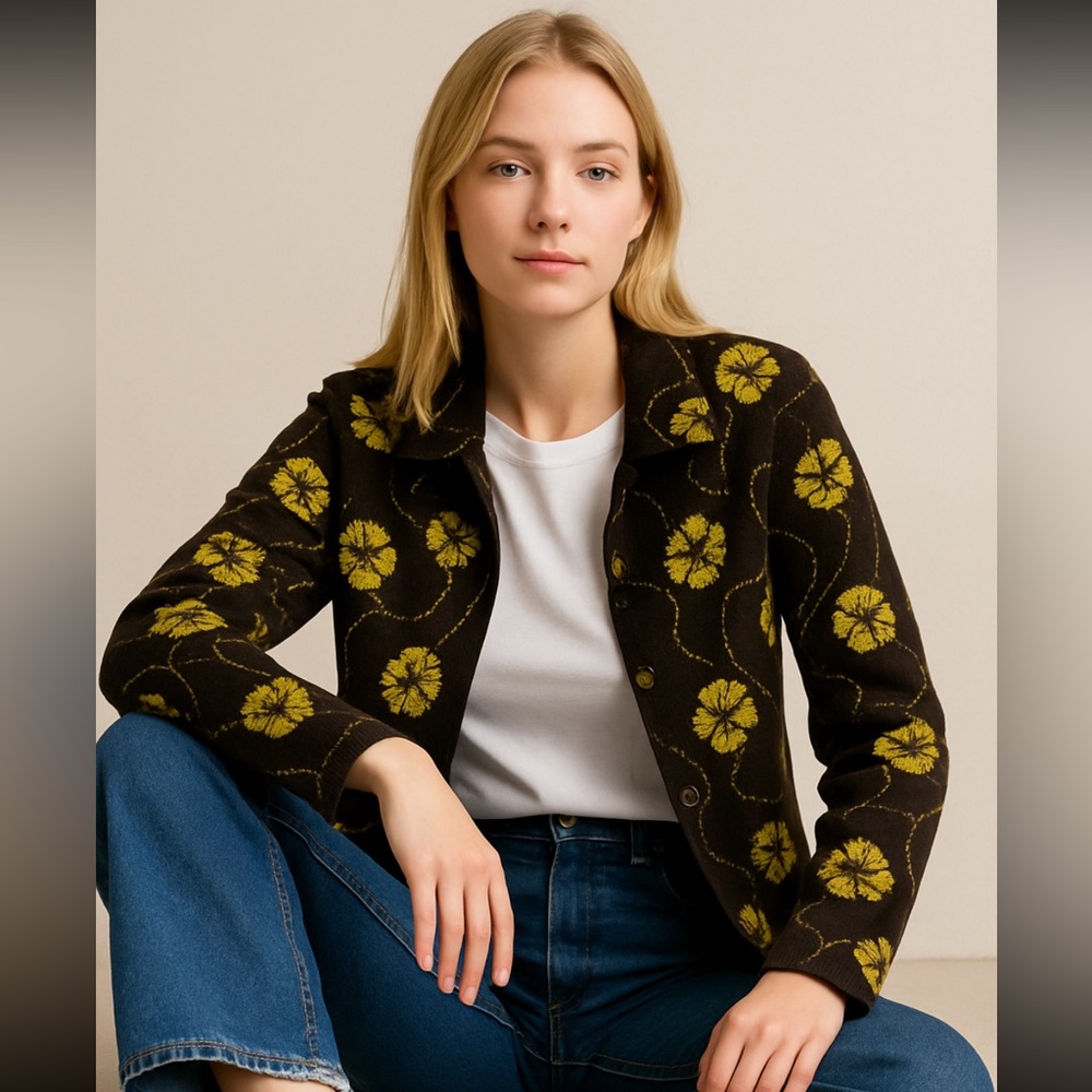 Vintage Brown and Yellow Sweater Button Up with Metallic Stitch/Flowers Size M/L